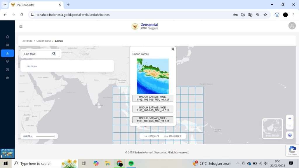 Tampilan Unduh Data Batimetri Nasional di Website Ina-Geoportal Milik BIG