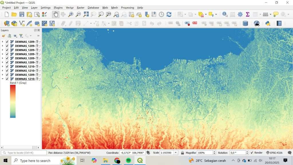 Hasil Visualisasi Data Digital Elevation Model (DEMNAS) di QGIS Setelah Diunduh dari Ina-Geoportal BIG