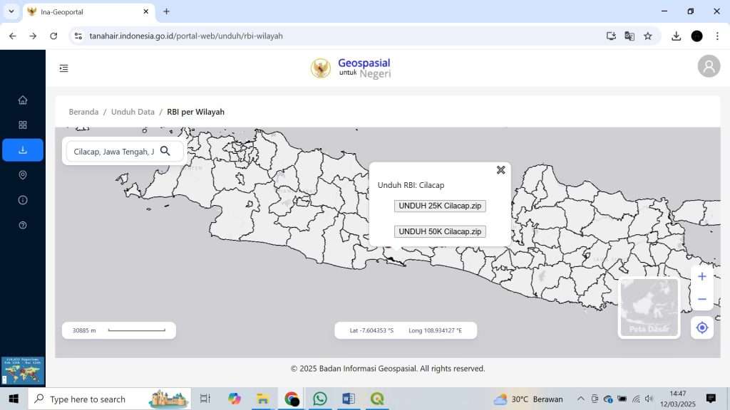 Tampilan halaman Ina-Geoportal yang menunjukkan opsi unduh peta RBI untuk wilayah Cilacap, Jawa Tengah, dalam skala 1:25.000 dan 1:50.000