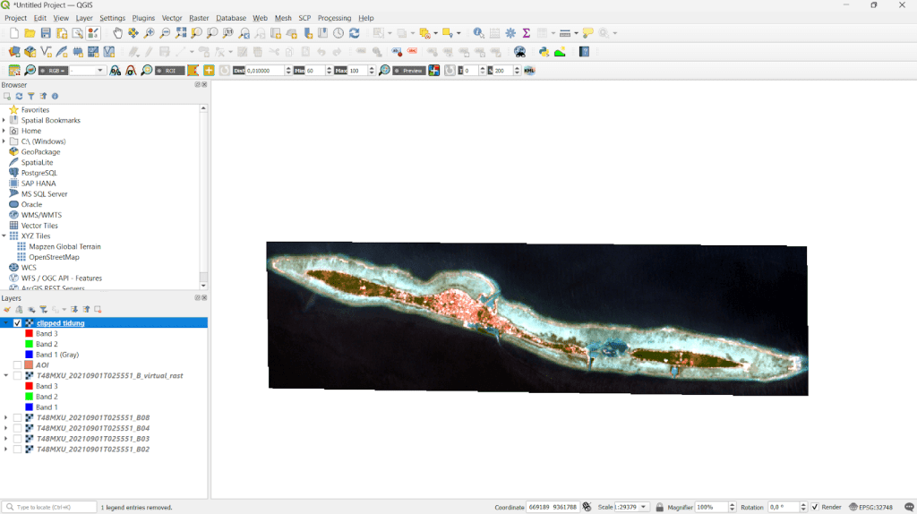 Visualisasi hasil preprocessing citra satelit Pulau Tidung di QGIS, menampilkan komposit warna RGB dengan data spasial yang telah diproses
