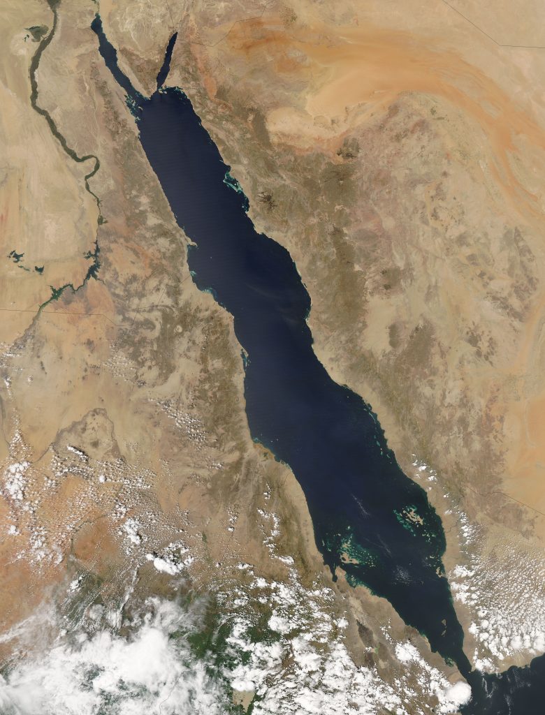 Laut Merah membelah secara diagonal dalam citra warna asli Aqua MODIS dari tanggal 29 September 2004 | sumber: visibleearth.nasa.gov/images/72089/red-sea